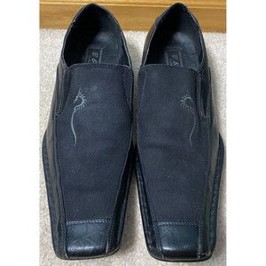 B&W Classic Black Leather Embroidered Square Toe Slip On Casual Dress Shoes 10.5
